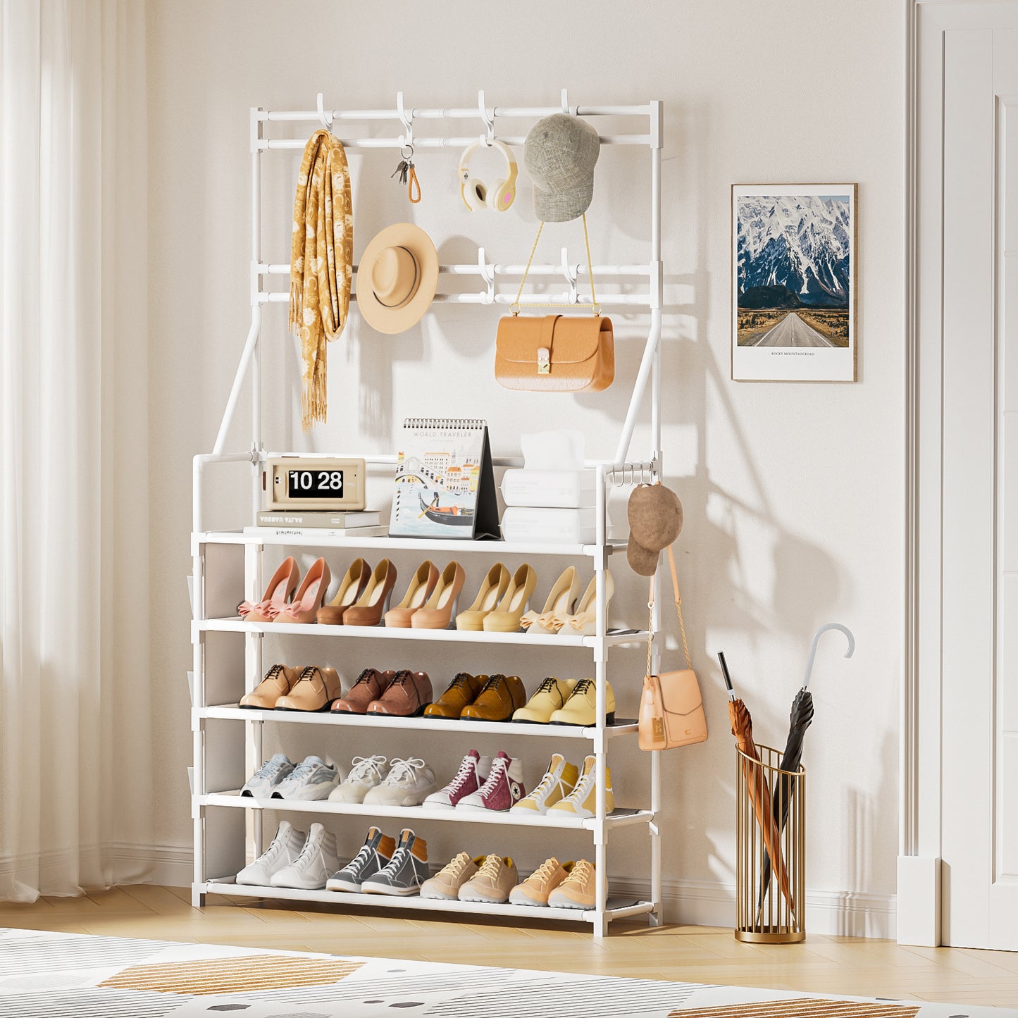 OYREL Shoe Rack 5 Tier Shoe Racks Organizer 20-25 Pairs Shoes Rack for Closet Entrance Shoe Storage Shelf with Hooks and Side Pocket Entryway Shoe Holder Space Saving Free Standing Shoe Racks