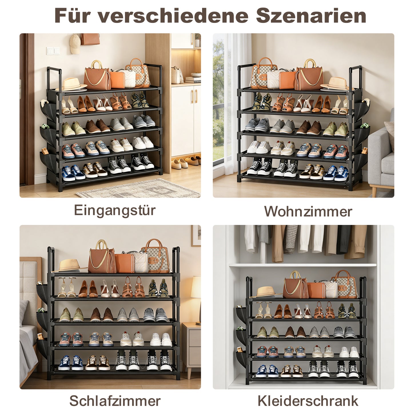OYREL Schuhregal 5 Ebenen, Große Kapazität Shoe Rack Schuhablage mit Seitentasche für 20-25 Paar Schuhe, Stark Schuhaufbewahrung für Schrank, Flur, Closet, Draußen, 85cm Breit Shoe Storage Schwarz