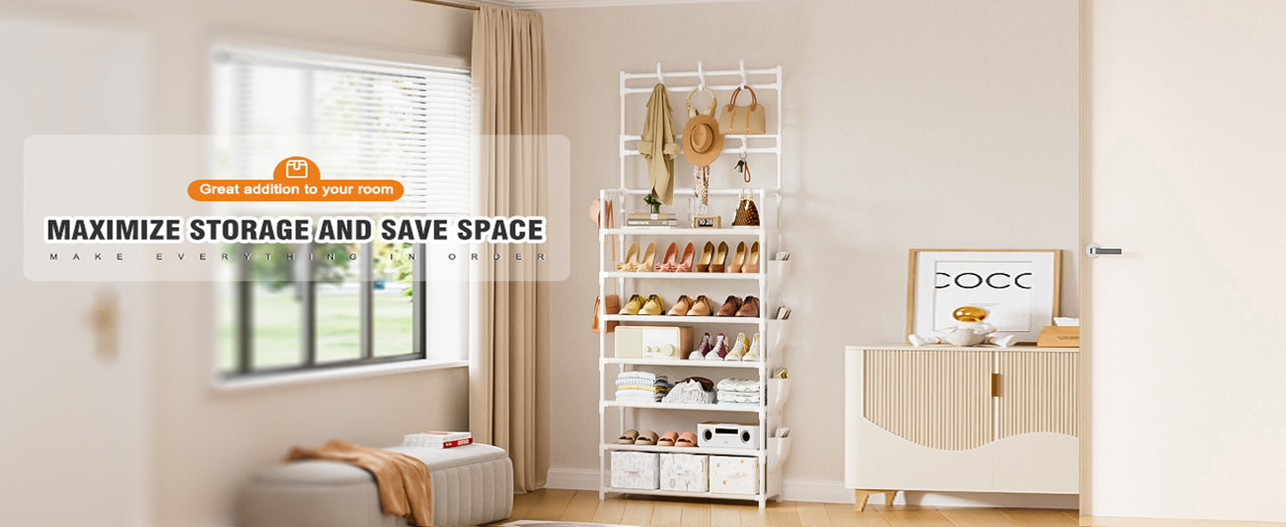 Shoe Rack 7 Tier Shoe Organizer Storage 21-28 Pairs Closet Shoes Rack for Front Door Entrance Shoe Rack Organizer with Hooks Side Pocket Entryway Large Capacity Shoe Shelf Tower Garage