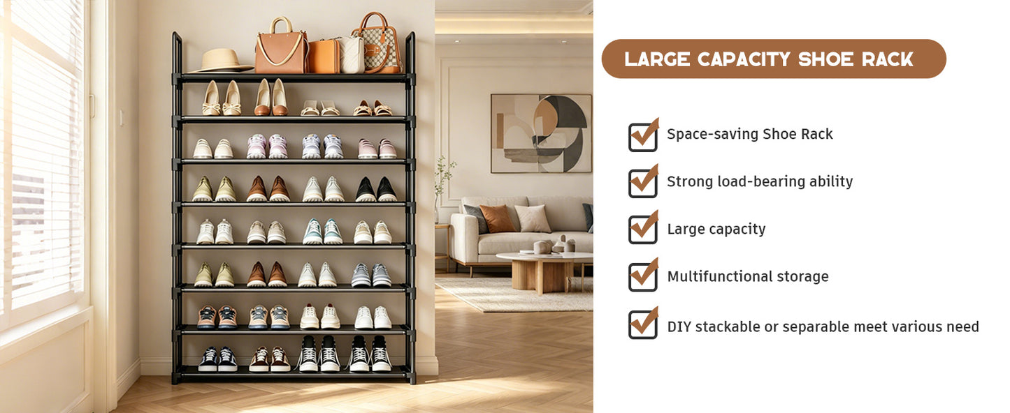 OYREL Shoe Rack 8 Tier 32-40 Pairs Shoes, Shoe Storage Organizer Large with Side Bag Space Saving for Closet, Entryway, Garage, Bedroom Non-Woven Shoe Rack Shelf Black