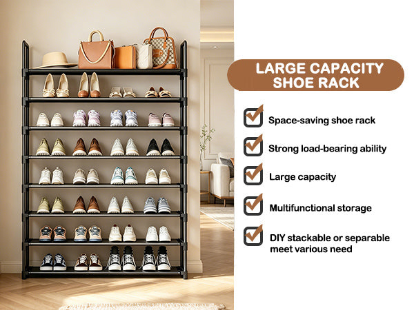 OYREL Shoe Rack 8 Tier 32-40 Pairs Shoes, Shoe Storage Organizer Large with Side Bag Space Saving for Closet, Entryway, Garage, Bedroom Non-Woven Shoe Rack Shelf Black