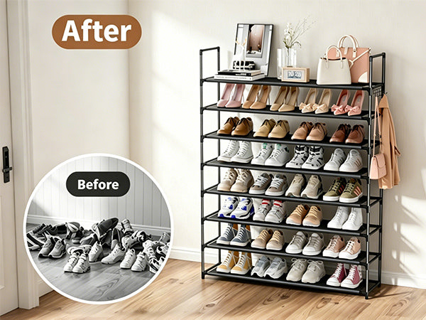 OYREL Shoe Rack 8 Tier 32-40 Pairs Shoes, Shoe Storage Organizer Large with Side Bag Space Saving for Closet, Entryway, Garage, Bedroom Non-Woven Shoe Rack Shelf Black