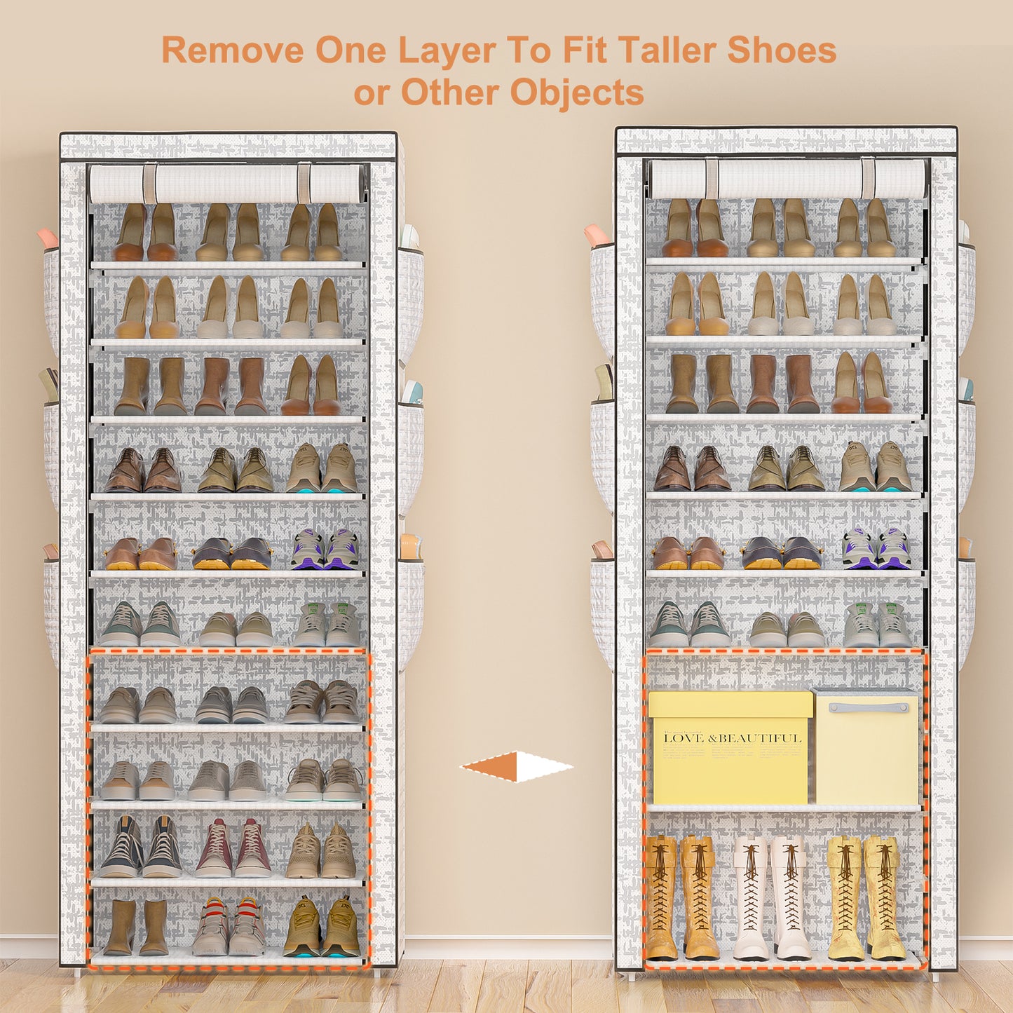 OYREL Shoes Rack 10 Tier Tall Shoe Rack with Storage Pockets, Fabric Covered Shoe Racks,Metal Shoes Rack Organizer for Closets,Bedroom, Garage
