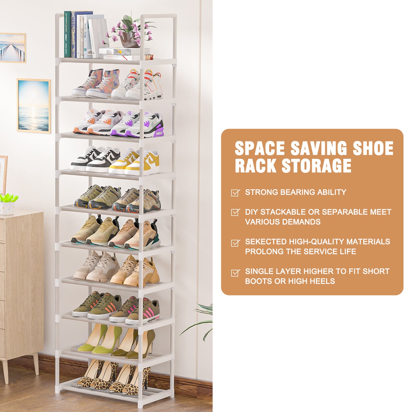 OYREL Tall Shoe Rack for Narrow Space,10 Tier Stackable Shoe Storage Organiser Large Capacity 20-25 Pairs,Premium Metal Frame Shoe Stand,Detachable Shoe Shelf for Hallway,Dressing Room,Bedroom,Closet