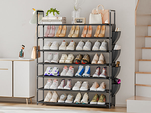 OYREL Shoe Rack 7 Tier 28-35 Pairs Shoes, Shoe Storage Organizer Large with Side Bag Space Saving for Closet, Entryway, Garage, Bedroom Non-Woven Shoe Rack Shelf Black