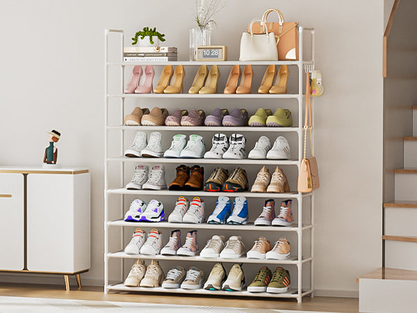 OYREL Shoe Rack 8 Tier 32-40 Pairs Shoes, Shoe Storage Organizer Large with Side Bag Space Saving for Closet, Entryway, Garage, Bedroom Non-Woven Shoe Rack Shelf White