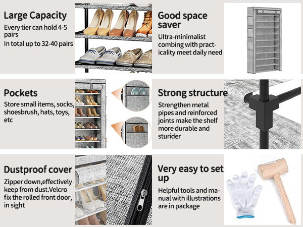 OYREL 10 Tier Shoe Rack Cabinet with Dustproof Cover, Large Capacity Shoe Stand Metal Frame, Shoe Racks Storage Space Saver for 50-56 Pairs Shoes, Shoe Shelves for Inside Wardrobe, Living Room,Hallway