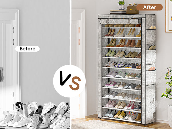 OYREL 10 Tier Shoe Rack Cabinet with Dustproof Cover, Large Capacity Shoe Stand Metal Frame, Shoe Racks Storage Space Saver for 50-56 Pairs Shoes, Shoe Shelves for Inside Wardrobe, Living Room,Hallway