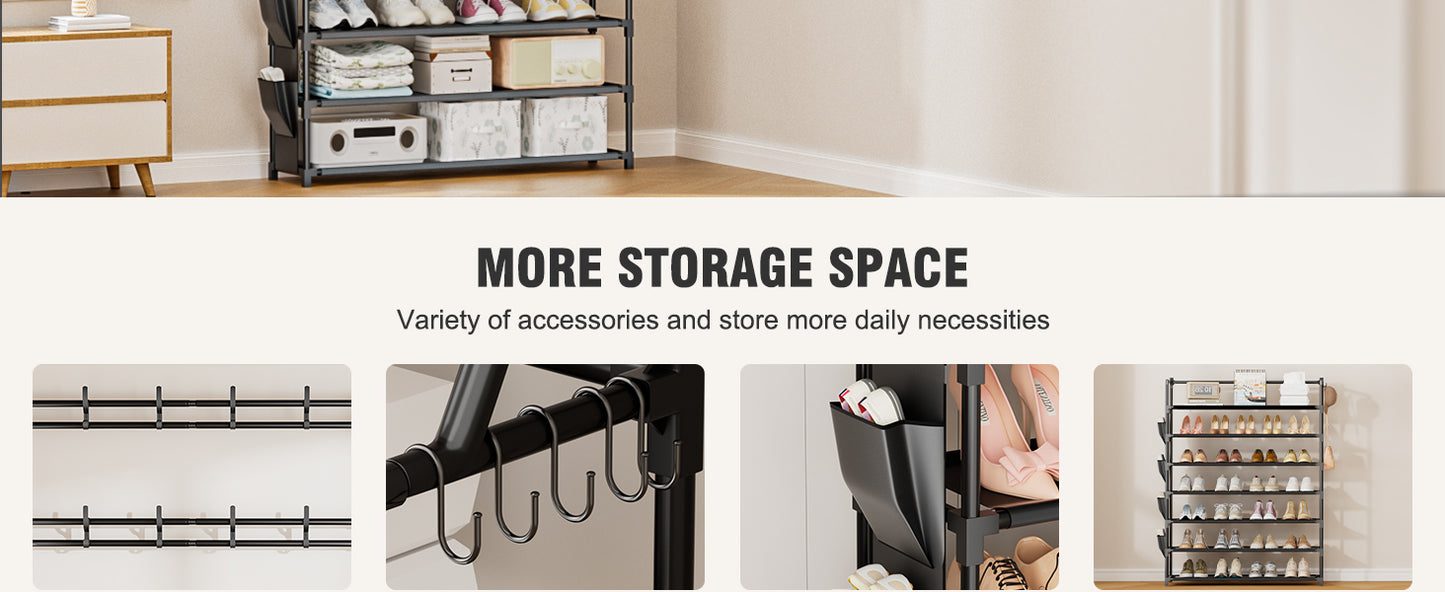 OYREL Shoe Rack 7 Tier Sturdy Shoe Racks for Closet Shoes Organizer for 28-35 Pairs Large Capacity Shoe Storage Rack with Multifunctional 5 Hooks and Side Pocket for Entrance Entryway
