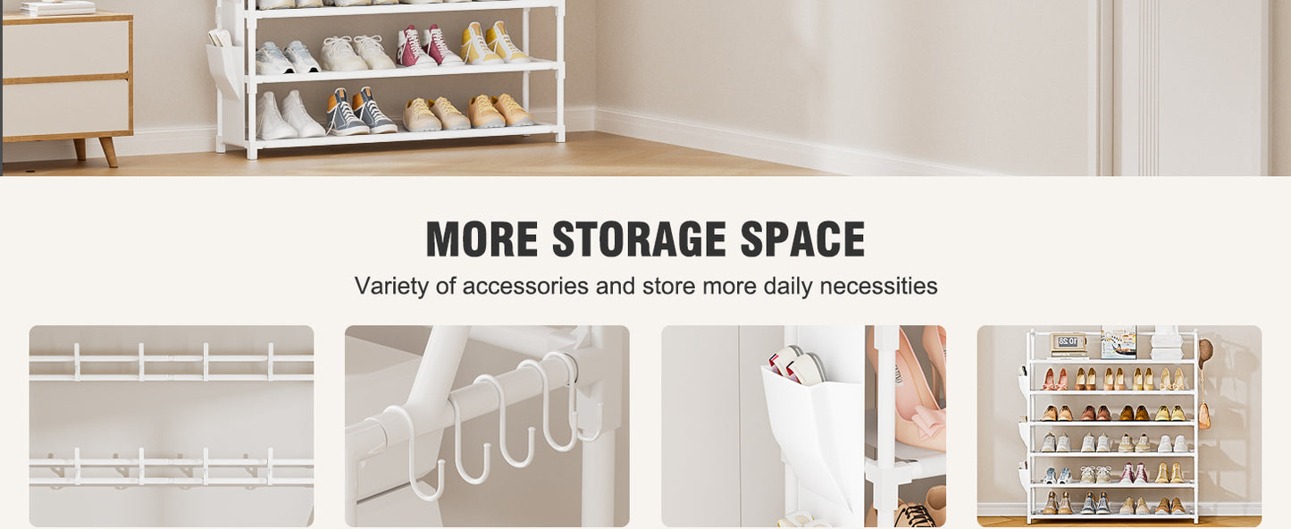 OYREL Shoe Rack 6 Tier Shoes Organizer 24-30 Pairs Shoe Racks for Closet Front Door Entrance Large Capacity Space Saving Shoe Storage Organizer with Multifunctional 5 Hooks and Side Pocket