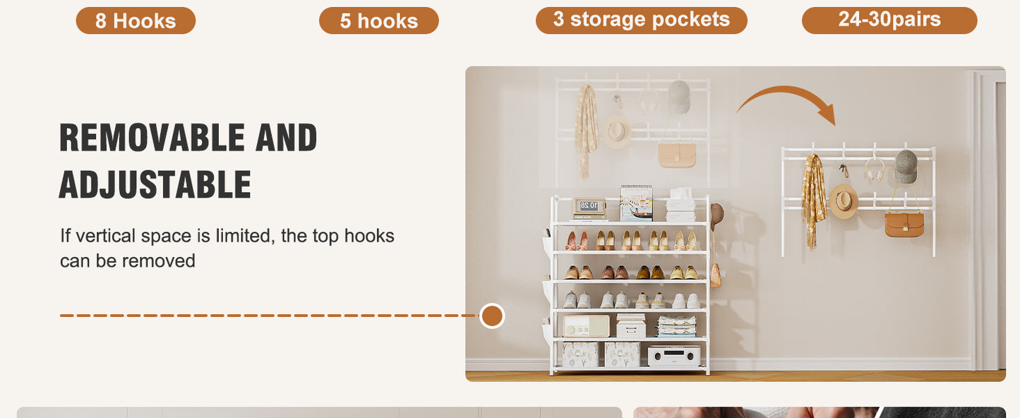 OYREL Shoe Rack 6 Tier Shoes Organizer 24-30 Pairs Shoe Racks for Closet Front Door Entrance Large Capacity Space Saving Shoe Storage Organizer with Multifunctional 5 Hooks and Side Pocket