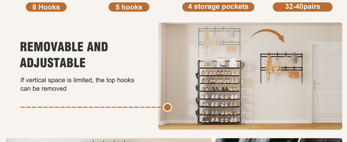 OYREL Shoe Rack 8 Tier Large Shoe Organizer Storage 32-40 Pairs Metal Shoe Storage Rack with Hooks and Side Pocket for Entrance Entryway Closet Shoe Shelf Holder