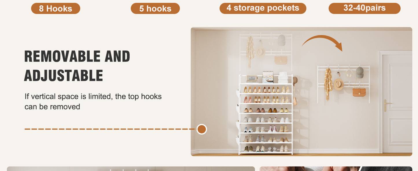 OYREL Shoe Rack 8 Tier Large Shoe Organizer Storage 32-40 Pairs Metal Shoe Storage Rack with Hooks and Side Pocket for Entrance Entryway Closet Shoe Shelf Holder