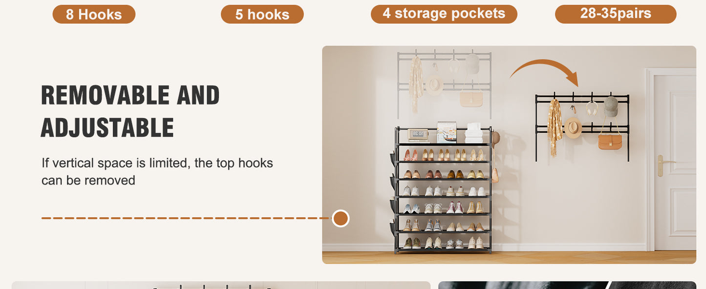 OYREL Shoe Rack 7 Tier Sturdy Shoe Racks for Closet Shoes Organizer for 28-35 Pairs Large Capacity Shoe Storage Rack with Multifunctional 5 Hooks and Side Pocket for Entrance Entryway