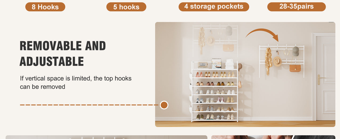 OYREL Shoe Rack 7 Tier Sturdy Shoe Racks for Closet Shoes Organizer for 28-35 Pairs Large Capacity Shoe Storage Rack with Multifunctional 5 Hooks and Side Pocket for Entrance Entryway