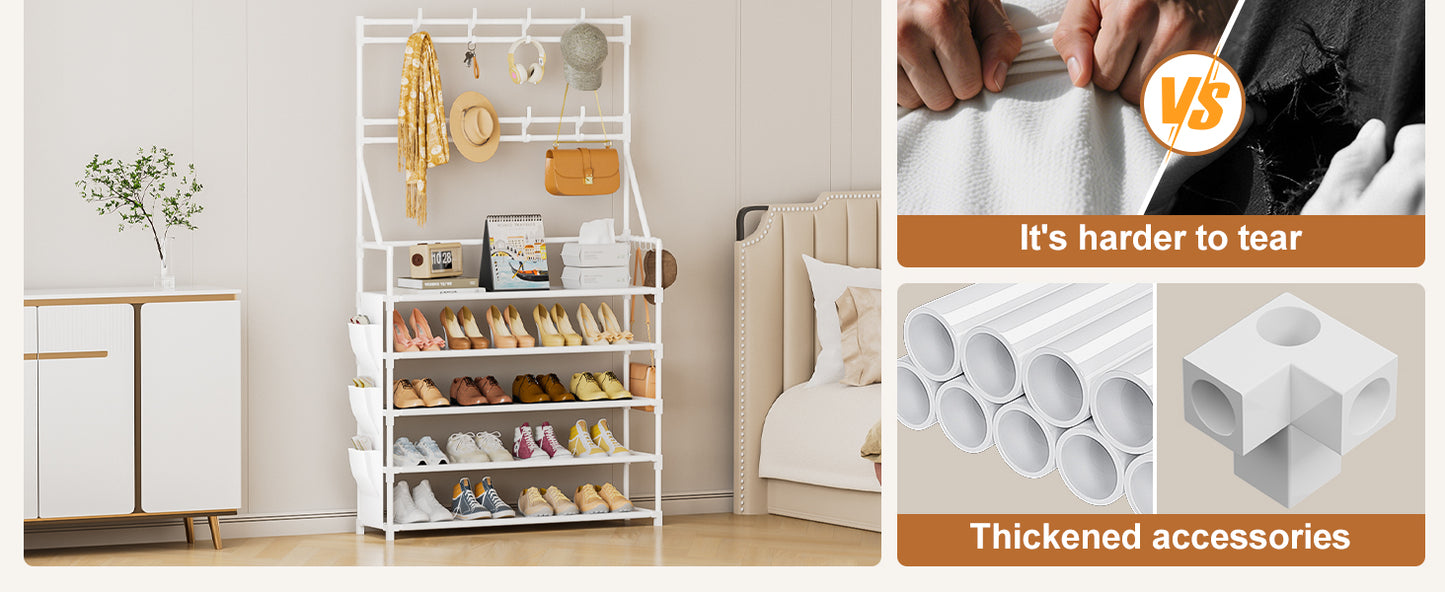 OYREL Shoe Rack 5 Tier Shoe Racks Organizer 20-25 Pairs Shoes Rack for Closet Entrance Shoe Storage Shelf with Hooks and Side Pocket Entryway Shoe Holder Space Saving Free Standing Shoe Racks