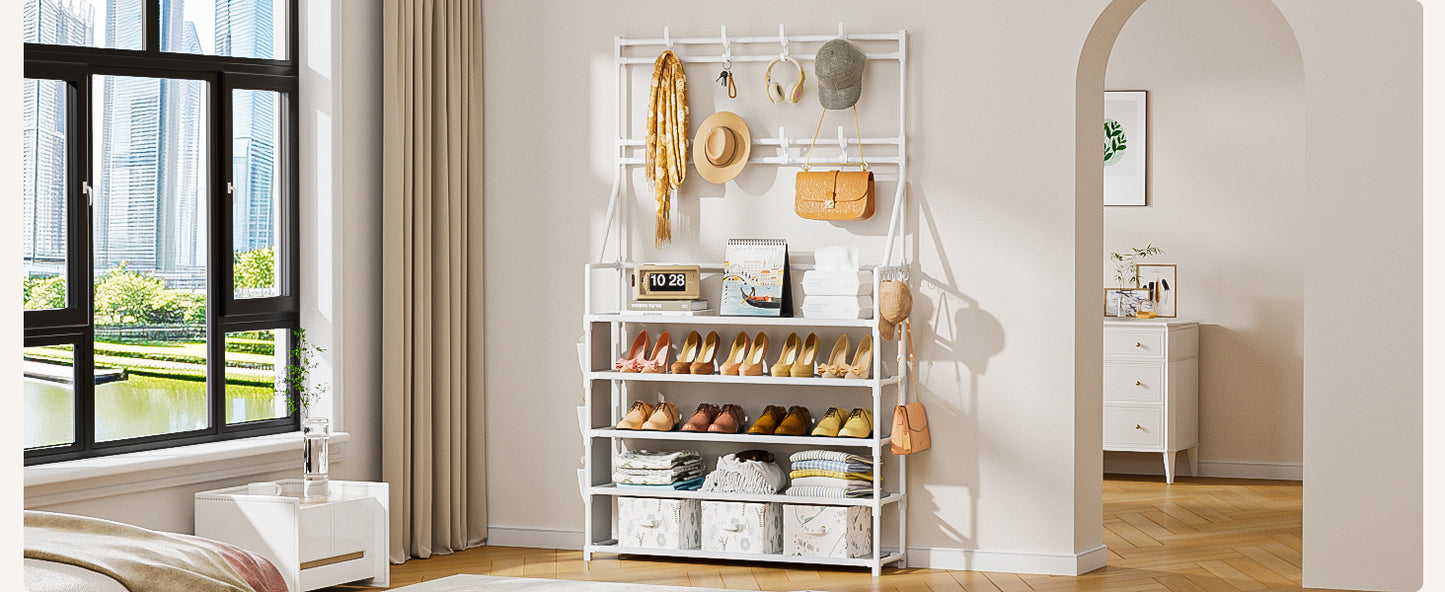 OYREL Shoe Rack 5 Tier Shoe Racks Organizer 20-25 Pairs Shoes Rack for Closet Entrance Shoe Storage Shelf with Hooks and Side Pocket Entryway Shoe Holder Space Saving Free Standing Shoe Racks