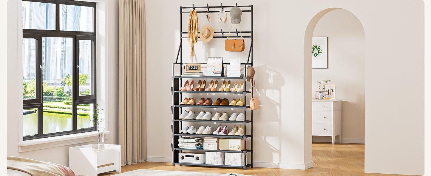 OYREL Shoe Rack 7 Tier Sturdy Shoe Racks for Closet Shoes Organizer for 28-35 Pairs Large Capacity Shoe Storage Rack with Multifunctional 5 Hooks and Side Pocket for Entrance Entryway