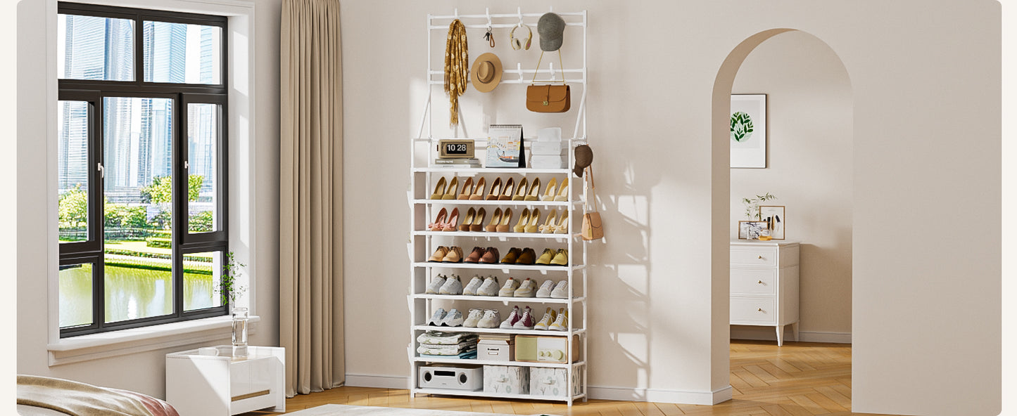 OYREL Shoe Rack 8 Tier Large Shoe Organizer Storage 32-40 Pairs Metal Shoe Storage Rack with Hooks and Side Pocket for Entrance Entryway Closet Shoe Shelf Holder