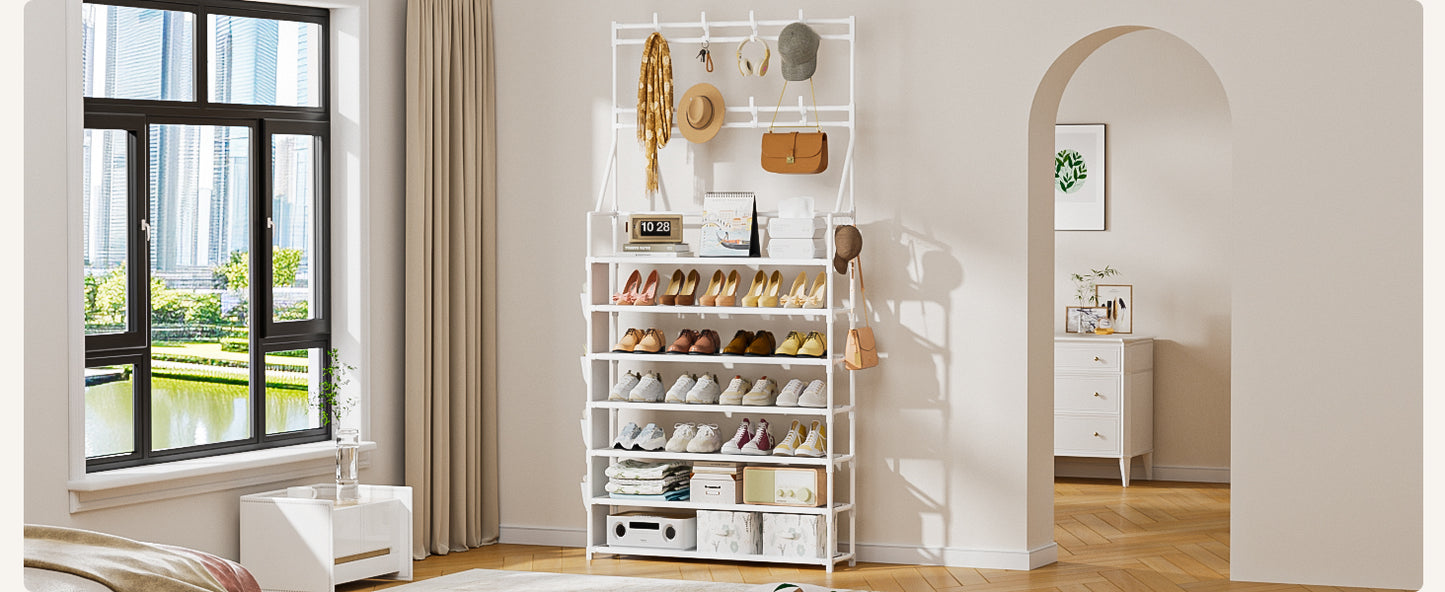 OYREL Shoe Rack 7 Tier Sturdy Shoe Racks for Closet Shoes Organizer for 28-35 Pairs Large Capacity Shoe Storage Rack with Multifunctional 5 Hooks and Side Pocket for Entrance Entryway