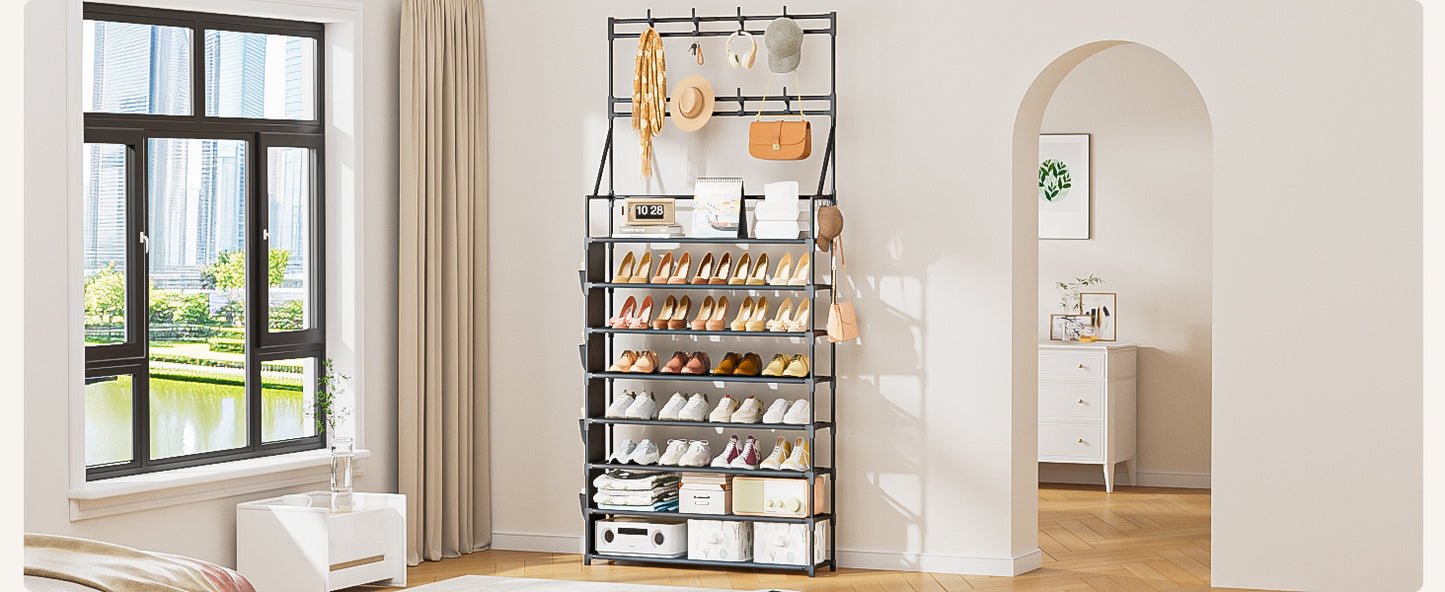 OYREL Shoe Rack 8 Tier Large Shoe Organizer Storage 32-40 Pairs Metal Shoe Storage Rack with Hooks and Side Pocket for Entrance Entryway Closet Shoe Shelf Holder