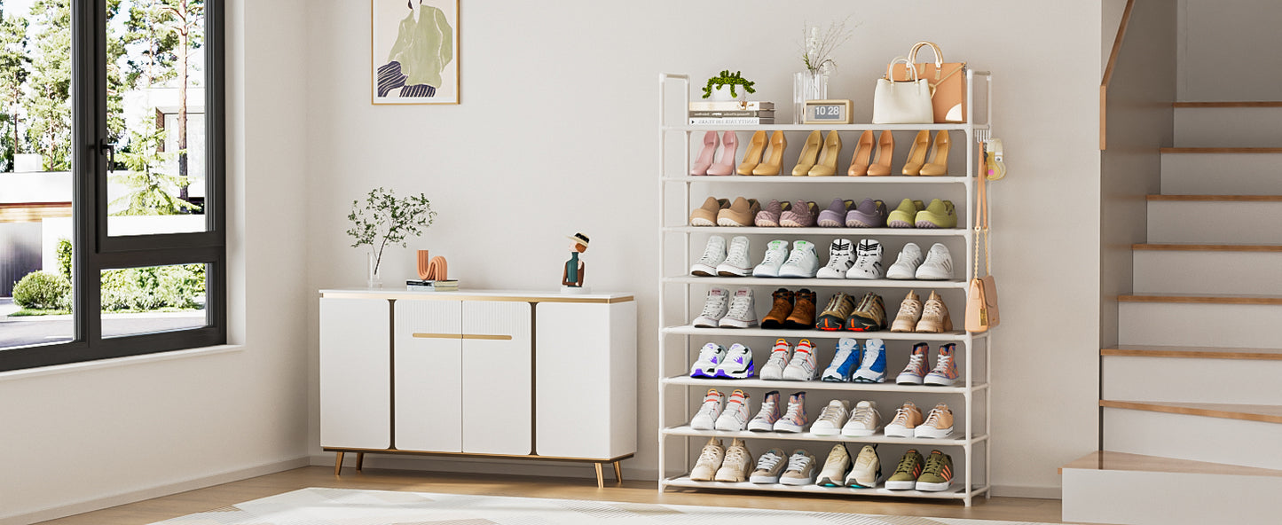OYREL Shoe Rack 8 Tier 32-40 Pairs Shoes, Shoe Storage Organizer Large with Side Bag Space Saving for Closet, Entryway, Garage, Bedroom Non-Woven Shoe Rack Shelf White