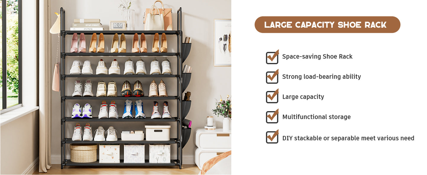 OYREL Shoe Rack 7 Tier 28-35 Pairs Shoes, Shoe Storage Organizer Large with Side Bag Space Saving for Closet, Entryway, Garage, Bedroom Non-Woven Shoe Rack Shelf Black