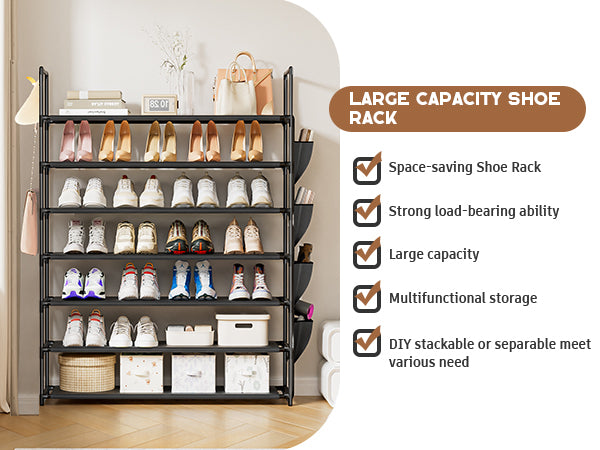 OYREL Shoe Rack 7 Tier 28-35 Pairs Shoes, Shoe Storage Organizer Large with Side Bag Space Saving for Closet, Entryway, Garage, Bedroom Non-Woven Shoe Rack Shelf Black