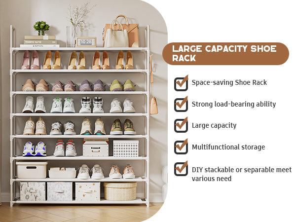 OYREL Shoe Rack 8 Tier 32-40 Pairs Shoes, Shoe Storage Organizer Large with Side Bag Space Saving for Closet, Entryway, Garage, Bedroom Non-Woven Shoe Rack Shelf White