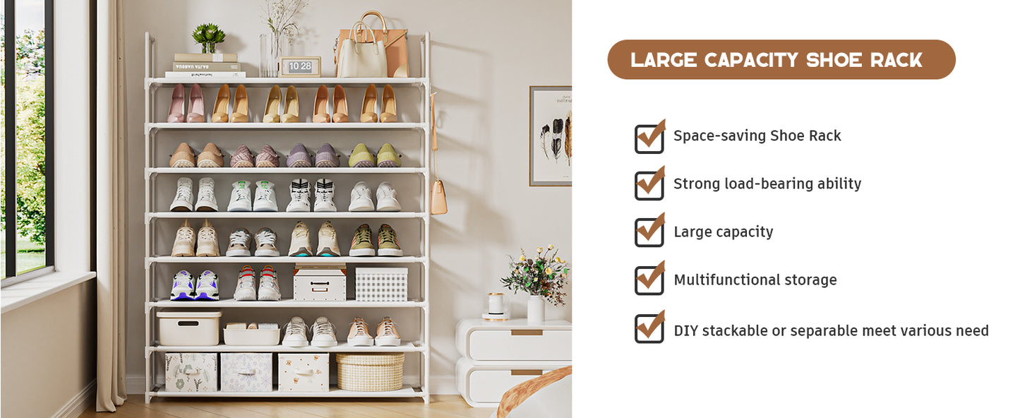 OYREL Shoe Rack 8 Tier 32-40 Pairs Shoes, Shoe Storage Organizer Large with Side Bag Space Saving for Closet, Entryway, Garage, Bedroom Non-Woven Shoe Rack Shelf White