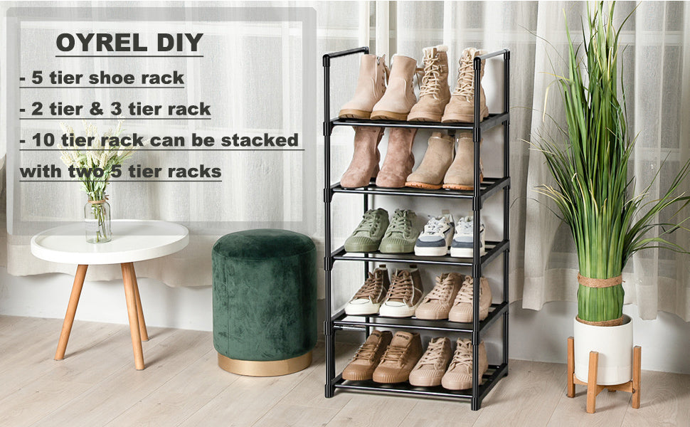 OYREL 5 Tier Shoe Rack, Metal Shoe Storage Organiser, Narrow Shoe Shelf for 10-12 Pairs, Space Saving Freestanding Shoes Stand for Hallway, Entryway, Wardrobe, Living Room, Bedroom Black