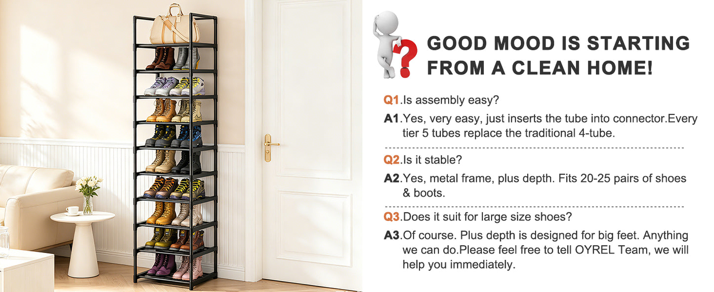 OYREL Shoe Rack, Upgrade Plus Narrow Shoes Storage Organizer, Any Shoes & Boots, Sturdy Metal 10 Tier Tall Organizers Shelf for Closets, Entryway, Stackable Free Standing Racks, Small Space, Bedroom