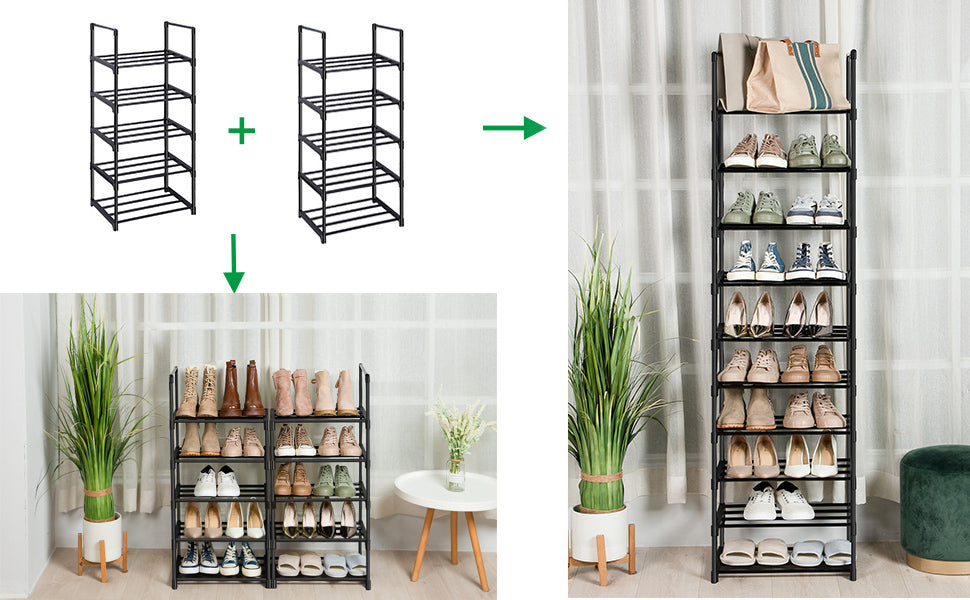 OYREL 5 Tier Shoe Rack, Metal Shoe Storage Organiser, Narrow Shoe Shelf for 10-12 Pairs, Space Saving Freestanding Shoes Stand for Hallway, Entryway, Wardrobe, Living Room, Bedroom Black