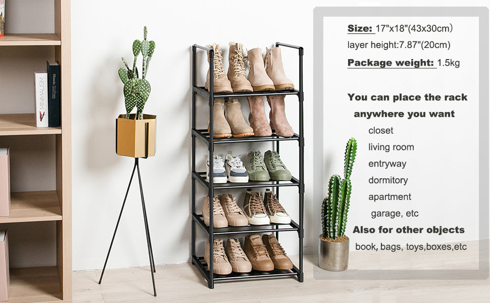 OYREL 5 Tier Shoe Rack, Metal Shoe Storage Organiser, Narrow Shoe Shelf for 10-12 Pairs, Space Saving Freestanding Shoes Stand for Hallway, Entryway, Wardrobe, Living Room, Bedroom Black