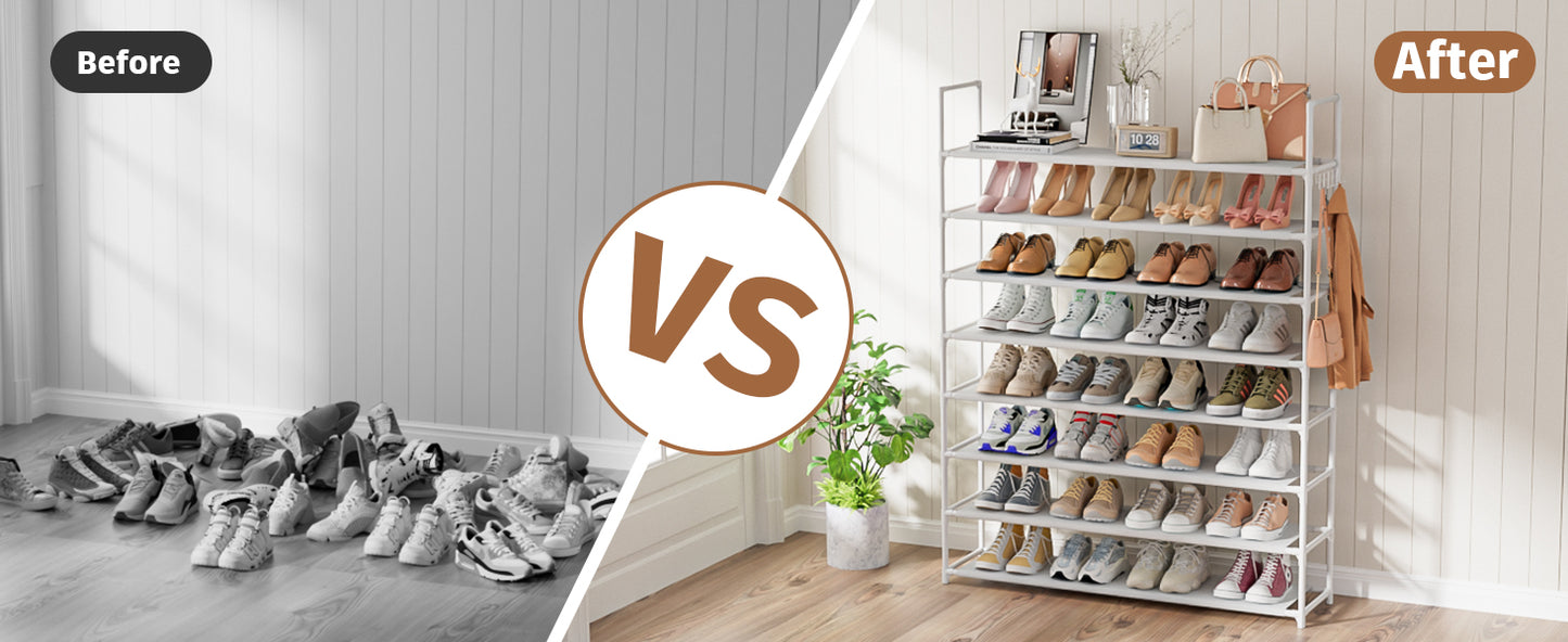 OYREL Shoe Rack 8 Tier 32-40 Pairs Shoes, Shoe Storage Organizer Large with Side Bag Space Saving for Closet, Entryway, Garage, Bedroom Non-Woven Shoe Rack Shelf White