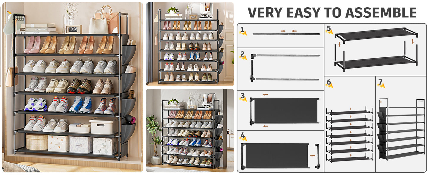 OYREL Shoe Rack 7 Tier 28-35 Pairs Shoes, Shoe Storage Organizer Large with Side Bag Space Saving for Closet, Entryway, Garage, Bedroom Non-Woven Shoe Rack Shelf Black