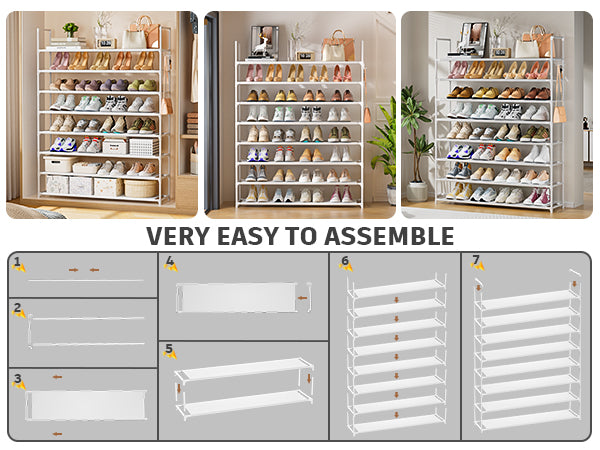 OYREL Shoe Rack 8 Tier 32-40 Pairs Shoes, Shoe Storage Organizer Large with Side Bag Space Saving for Closet, Entryway, Garage, Bedroom Non-Woven Shoe Rack Shelf White