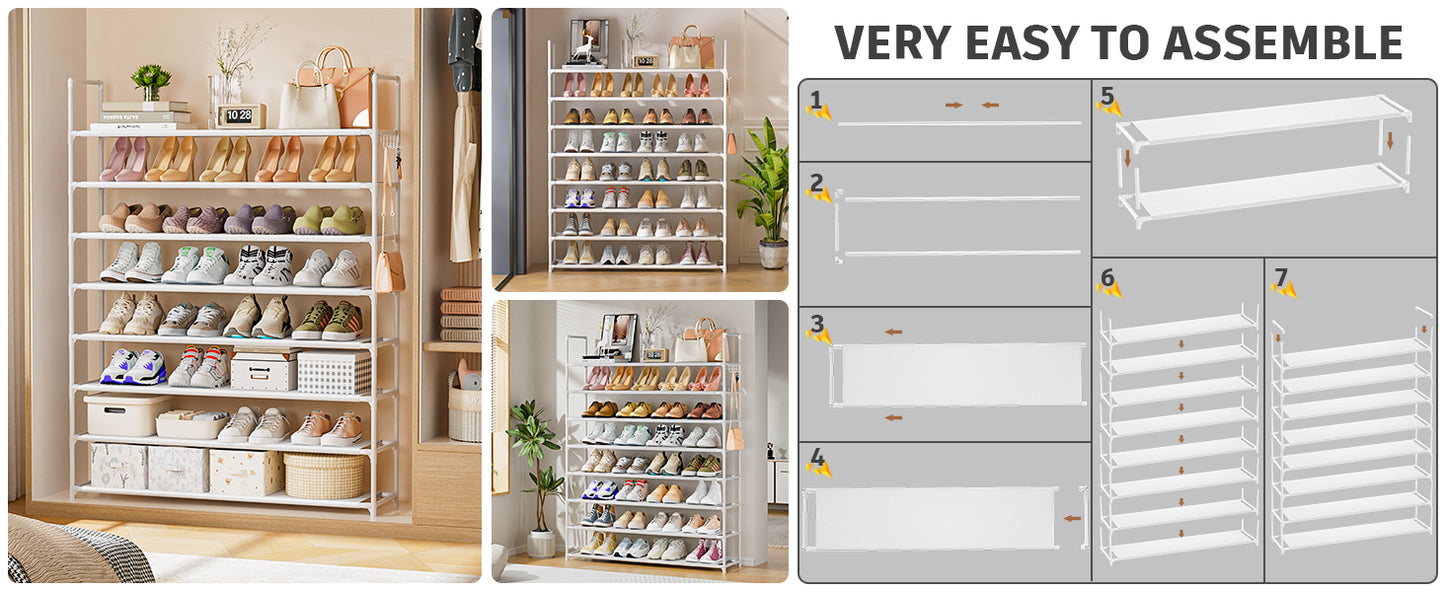 OYREL Shoe Rack 8 Tier 32-40 Pairs Shoes, Shoe Storage Organizer Large with Side Bag Space Saving for Closet, Entryway, Garage, Bedroom Non-Woven Shoe Rack Shelf White