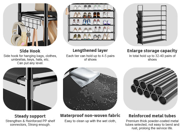 OYREL Shoe Rack 7 Tier 28-35 Pairs Shoes, Shoe Storage Organizer Large with Side Bag Space Saving for Closet, Entryway, Garage, Bedroom Non-Woven Shoe Rack Shelf Black