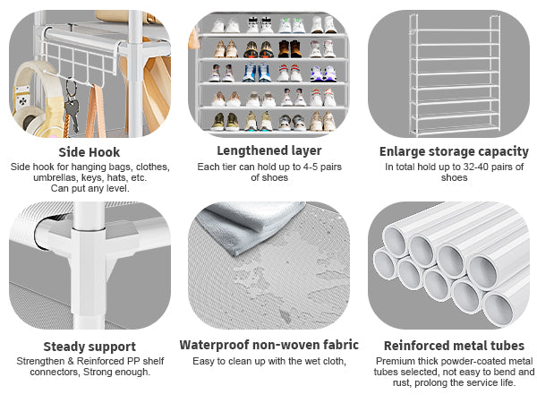 OYREL Shoe Rack 8 Tier 32-40 Pairs Shoes, Shoe Storage Organizer Large with Side Bag Space Saving for Closet, Entryway, Garage, Bedroom Non-Woven Shoe Rack Shelf White