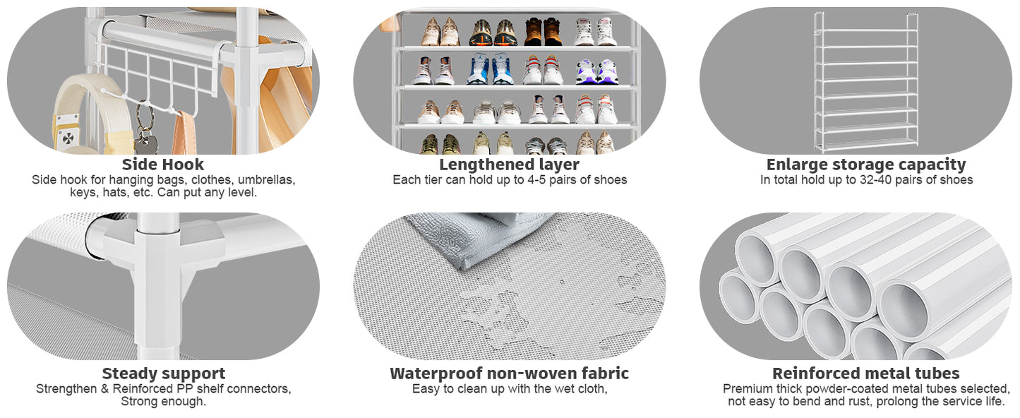 OYREL Shoe Rack 8 Tier 32-40 Pairs Shoes, Shoe Storage Organizer Large with Side Bag Space Saving for Closet, Entryway, Garage, Bedroom Non-Woven Shoe Rack Shelf White