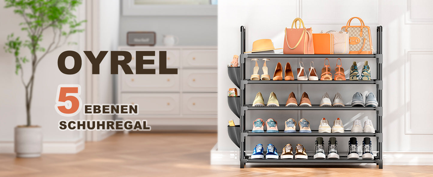 OYREL Schuhregal 5 Ebenen, Große Kapazität Shoe Rack Schuhablage mit Seitentasche für 20-25 Paar Schuhe, Stark Schuhaufbewahrung für Schrank, Flur, Closet, Draußen, 85cm Breit Shoe Storage Schwarz