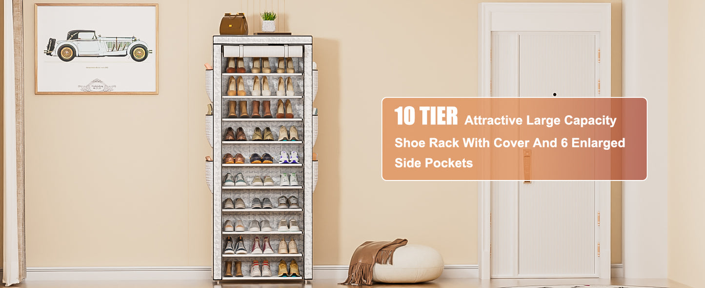 OYREL Shoe Rack 10 Tier Tall 36-41Pairs with 6 Large Pockets Large Storage Capacity Dustproof Shoes Storage for Closet Entryway, Sturdy Black Shoe Organizer Stand Shelf with Cover