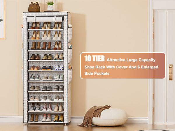 OYREL Shoe Rack 10 Tier Tall 36-41Pairs with 6 Large Pockets Large Storage Capacity Dustproof Shoes Storage for Closet Entryway, Sturdy Black Shoe Organizer Stand Shelf with Cover