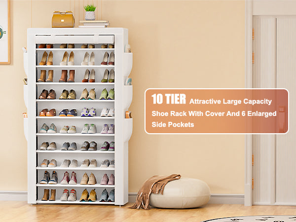 OYREL 10 Tier Shoe Rack Cabinet with Dustproof Cover, Large Capacity Shoe Stand Metal Frame, Shoe Racks Storage Space Saver for 50-56 Pairs Shoes, Shoe Shelves for Inside Wardrobe, Living Room,Hallway