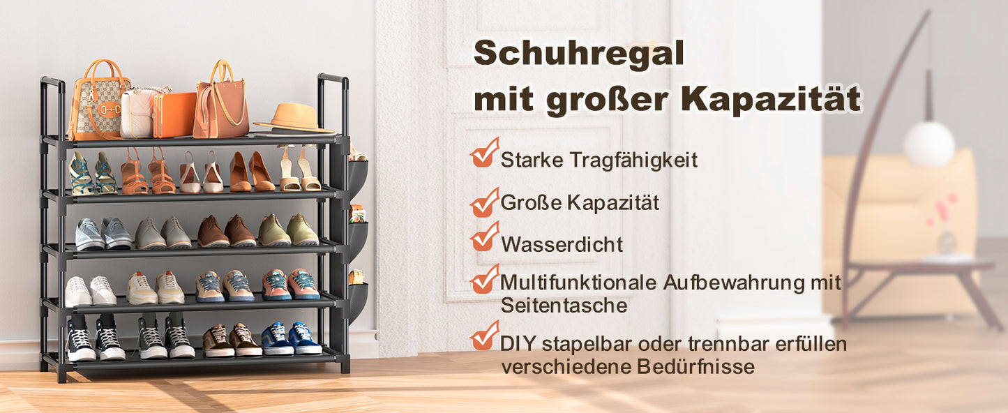 OYREL Schuhregal 5 Ebenen, Große Kapazität Shoe Rack Schuhablage mit Seitentasche für 20-25 Paar Schuhe, Stark Schuhaufbewahrung für Schrank, Flur, Closet, Draußen, 85cm Breit Shoe Storage Schwarz