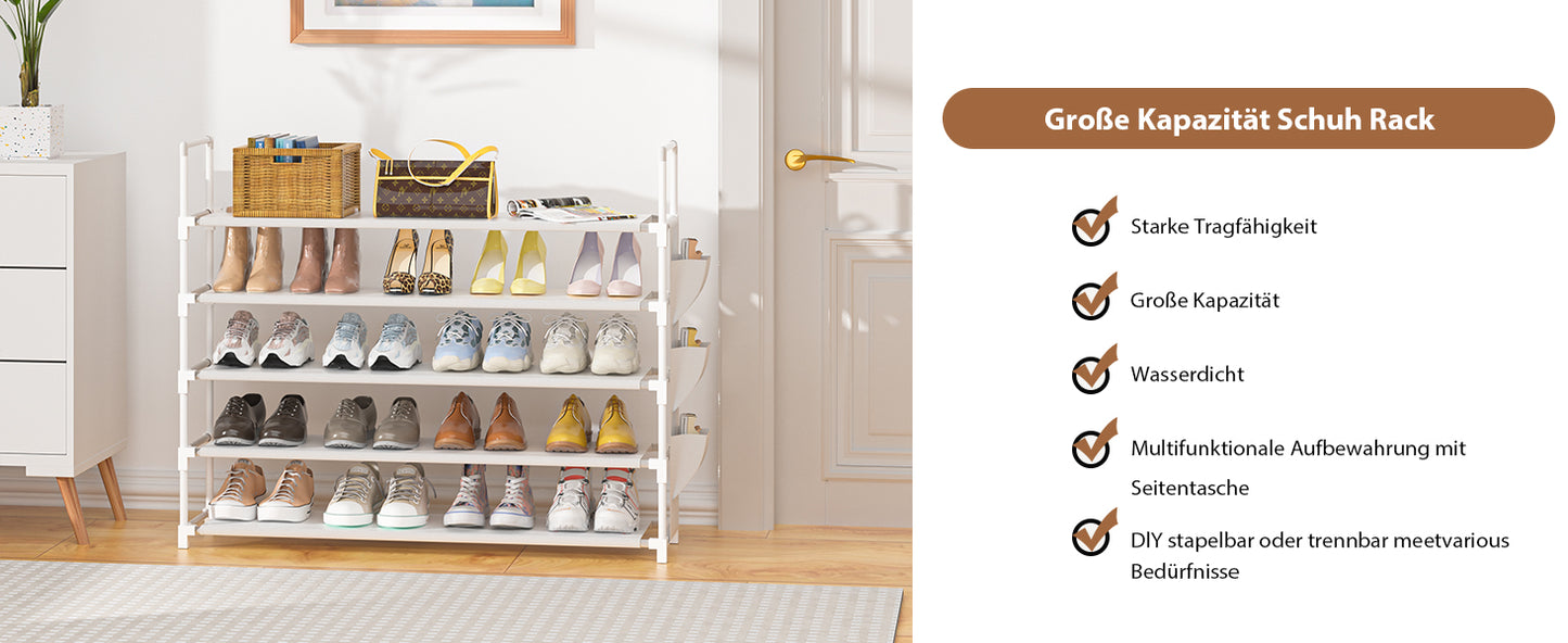 OYREL Schuhregal 5 Ebenen, Große Kapazität Shoe Rack Schuhablage mit Seitentasche für 20-25 Paar Schuhe, Stark Schuhaufbewahrung für Schrank, Flur, Closet, Draußen, 85cm Breit Shoe Storage Weiß