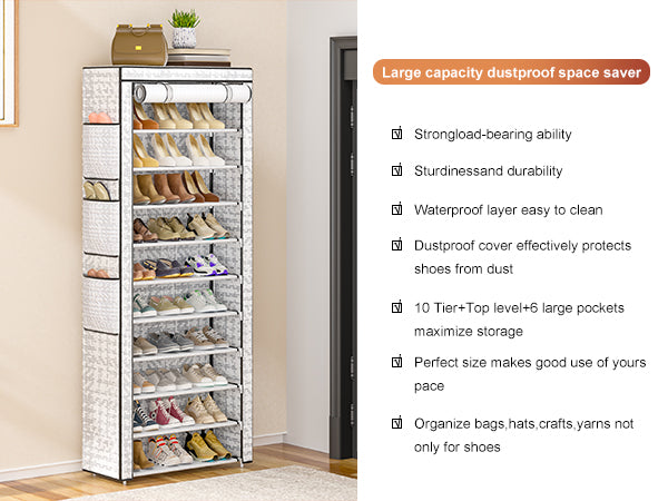 OYREL Shoe Rack 10 Tier Tall 36-41Pairs with 6 Large Pockets Large Storage Capacity Dustproof Shoes Storage for Closet Entryway, Sturdy Black Shoe Organizer Stand Shelf with Cover