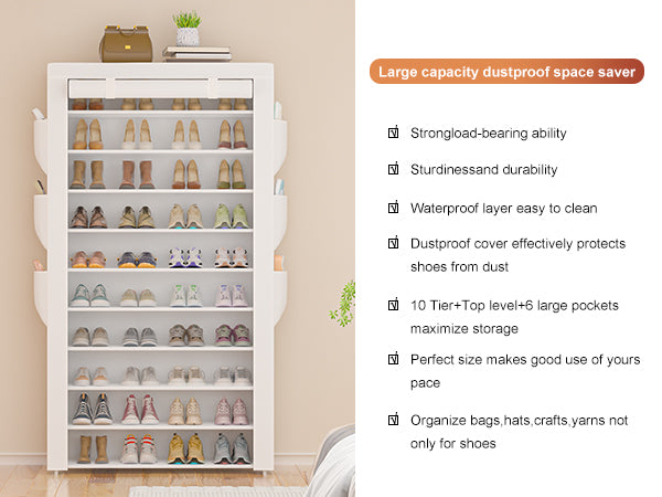 OYREL 10 Tier Shoe Rack Cabinet with Dustproof Cover, Large Capacity Shoe Stand Metal Frame, Shoe Racks Storage Space Saver for 50-56 Pairs Shoes, Shoe Shelves for Inside Wardrobe, Living Room,Hallway