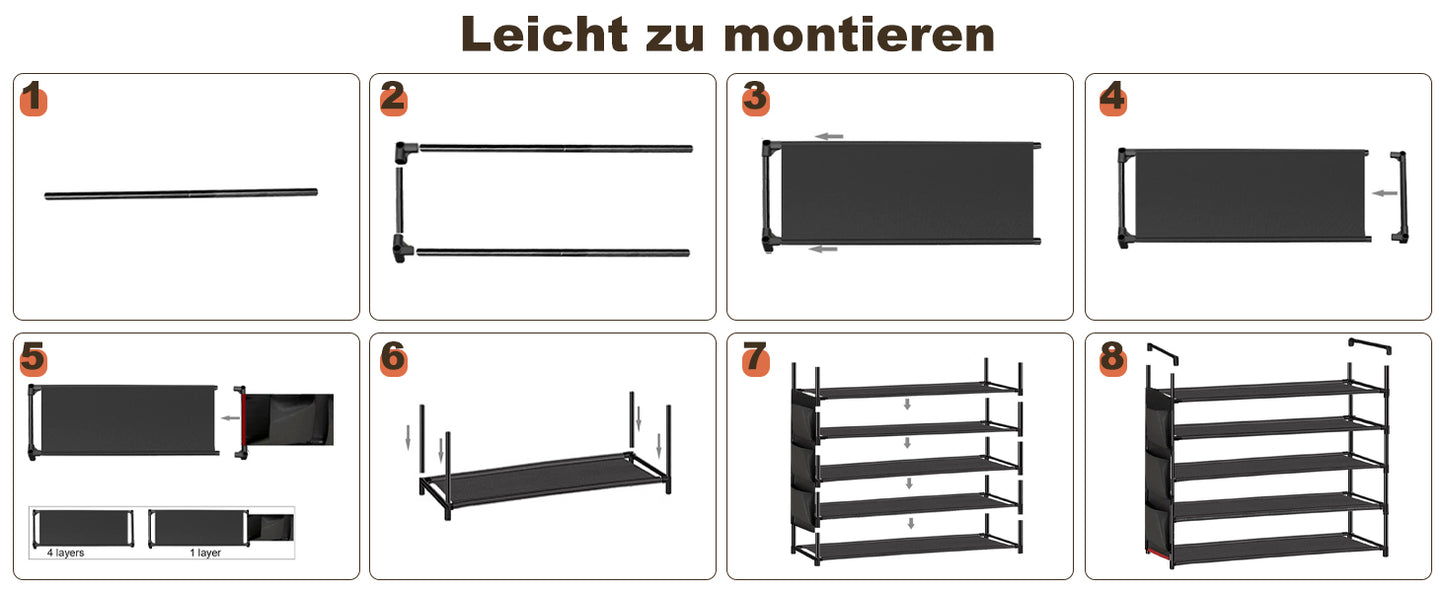OYREL Schuhregal 5 Ebenen, Große Kapazität Shoe Rack Schuhablage mit Seitentasche für 20-25 Paar Schuhe, Stark Schuhaufbewahrung für Schrank, Flur, Closet, Draußen, 85cm Breit Shoe Storage Schwarz